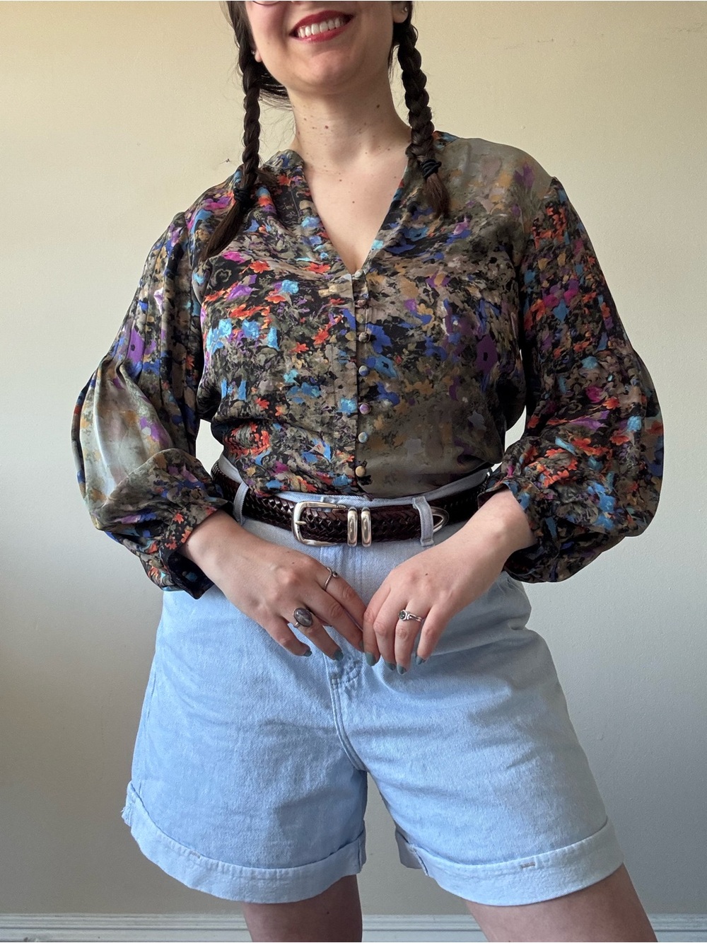 Vintage Black Floral V-Neck Blouse with Green Blue and Purple Accents